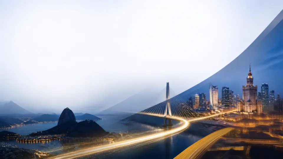 Corredor comercial Brasil-Polônia representado por uma ponte entre dois horizontes urbanos